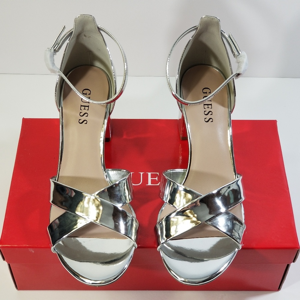 GUESS Silver CrissCross Chunky Heels 7.5